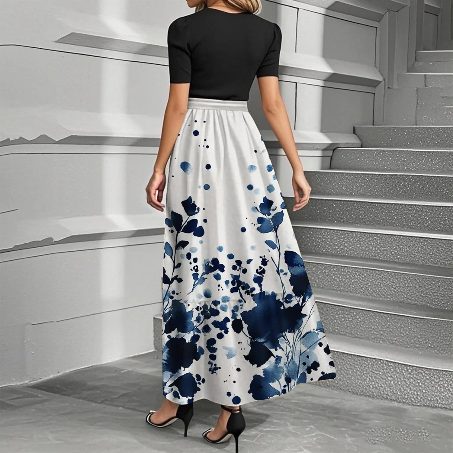 Summer Dresses for Women Flowy Patchwork Empire Waist Maxi Dress Tie Belted Floral Short Sleeve Elegant Dress