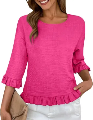 Summer Tops for Seniors 3/4 Sleeve Tops Cute Lightweight Ruffle Sleeve Shirts Loose Fit Solid Color Daily Wear Blouses