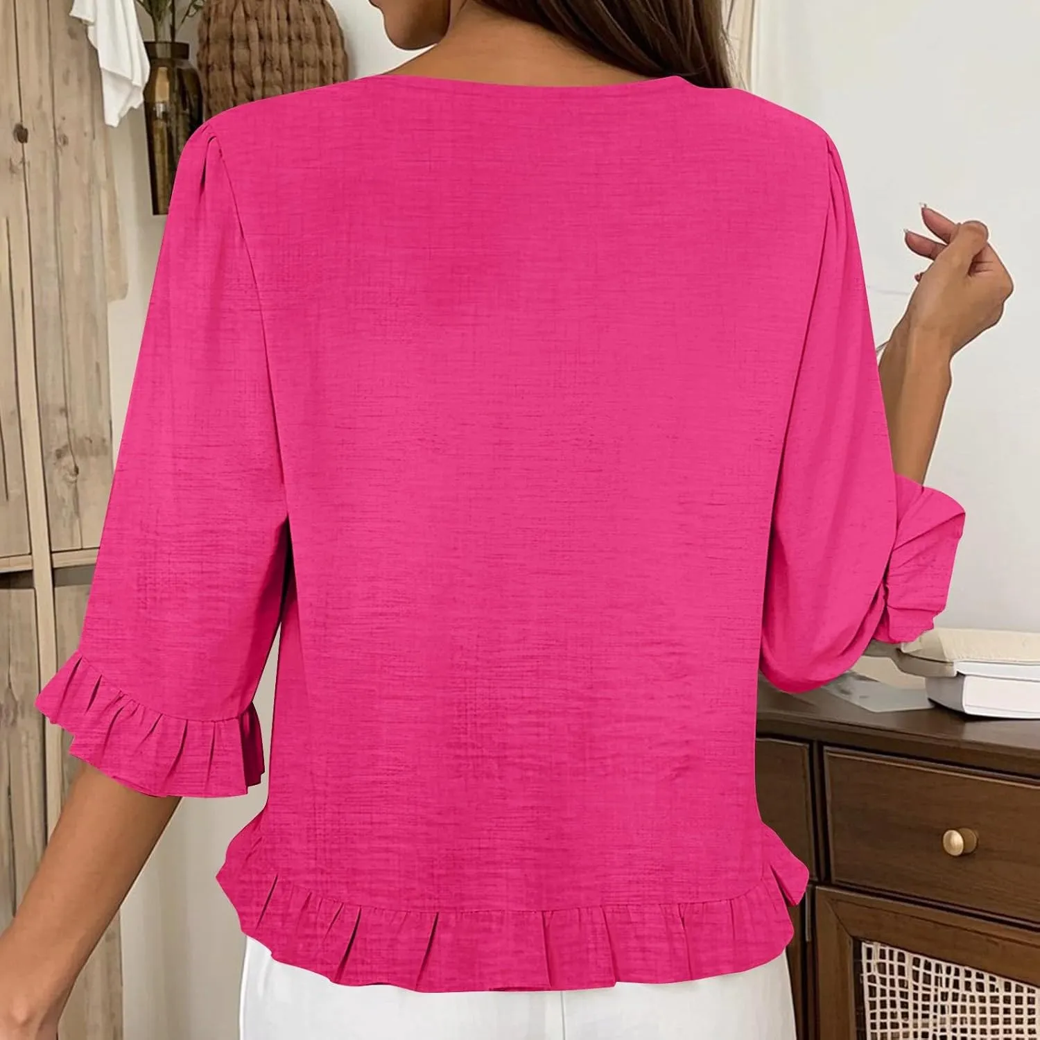 Summer Tops for Seniors 3/4 Sleeve Tops Cute Lightweight Ruffle Sleeve Shirts Loose Fit Solid Color Daily Wear Blouses