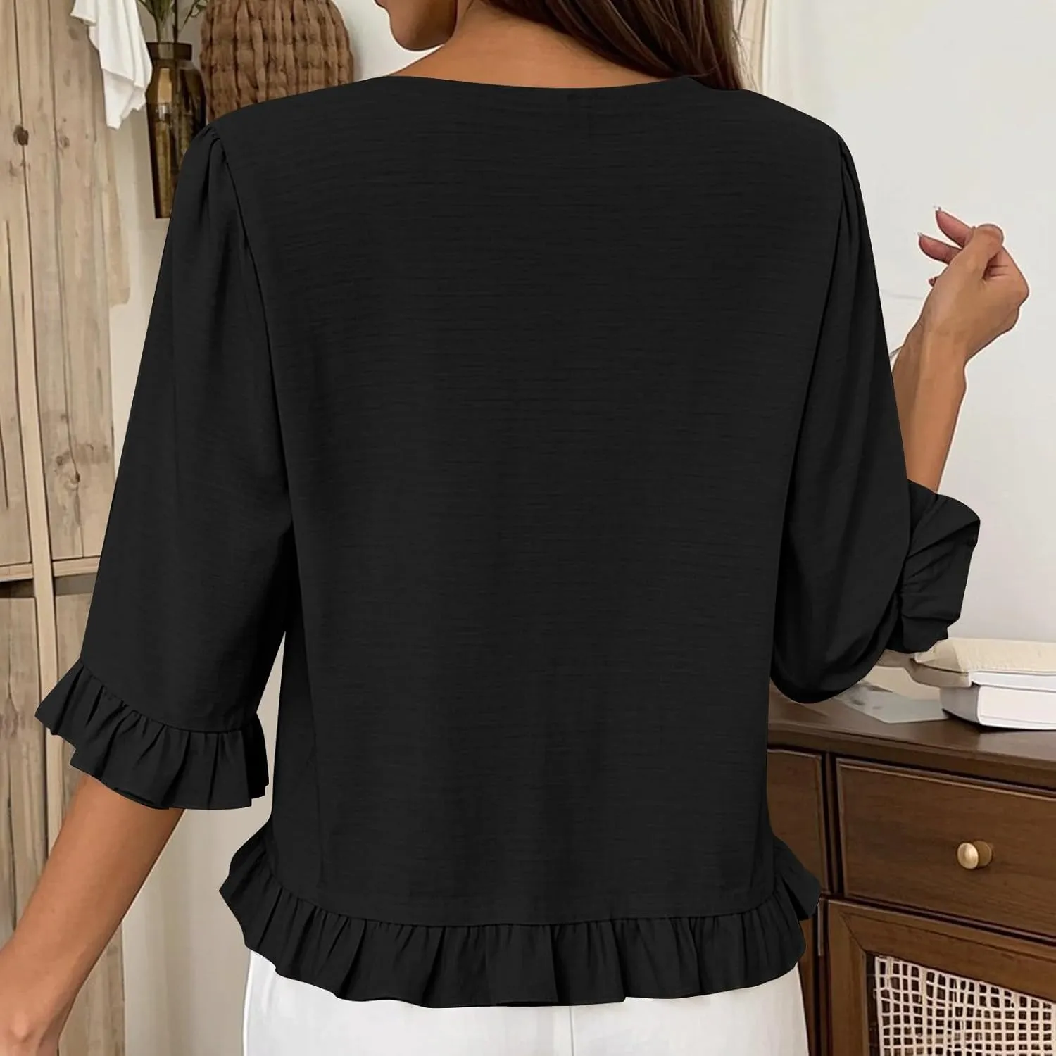 Summer Tops for Seniors 3/4 Sleeve Tops Cute Lightweight Ruffle Sleeve Shirts Loose Fit Solid Color Daily Wear Blouses