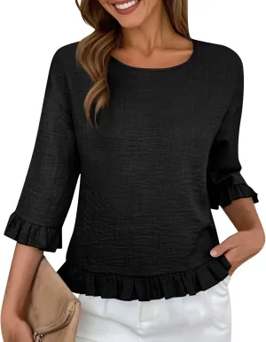 Summer Tops for Seniors 3/4 Sleeve Tops Cute Lightweight Ruffle Sleeve Shirts Loose Fit Solid Color Daily Wear Blouses