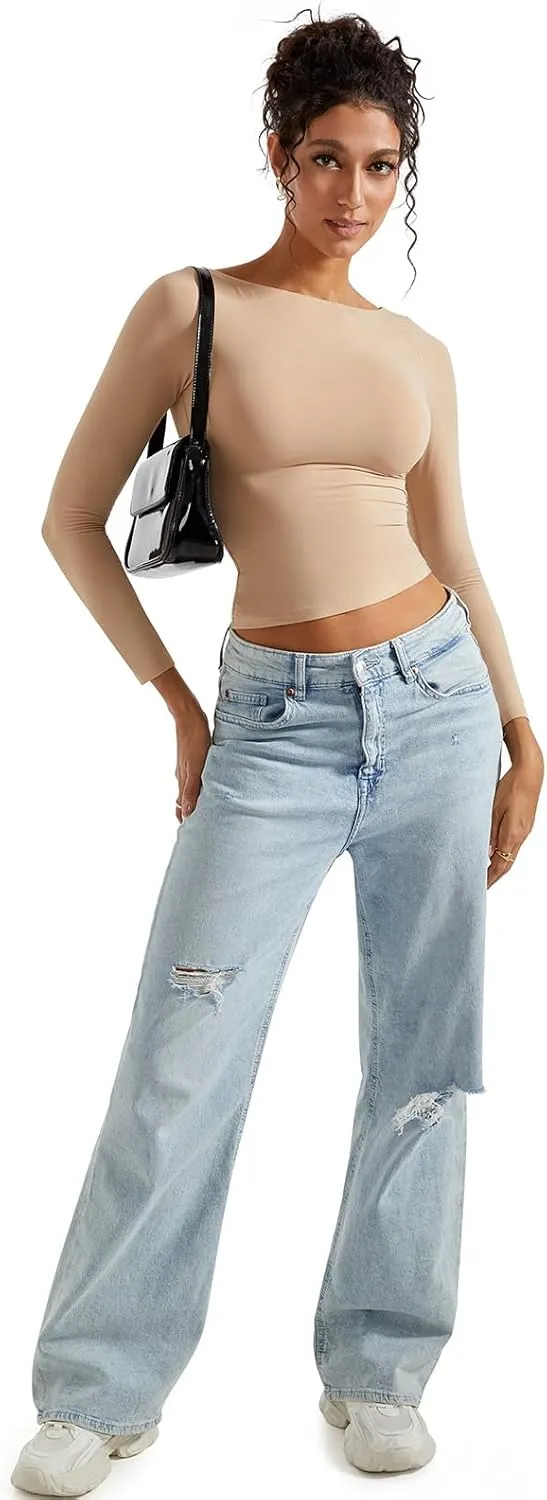 SUUKSESS Women Crew Neck Long Sleeve T Shirts Double Lined Tight Fitted Crop Top