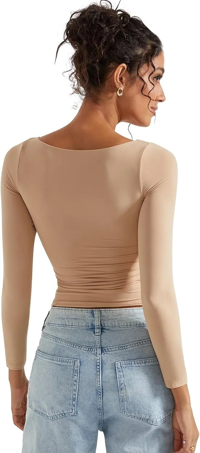 SUUKSESS Women Crew Neck Long Sleeve T Shirts Double Lined Tight Fitted Crop Top