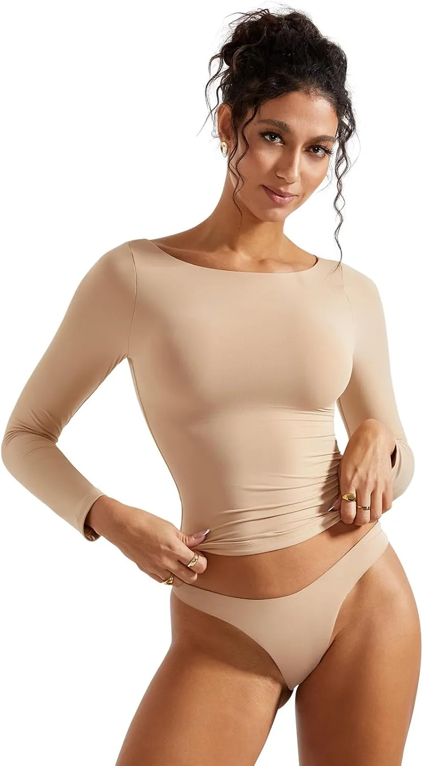 SUUKSESS Women Crew Neck Long Sleeve T Shirts Double Lined Tight Fitted Crop Top
