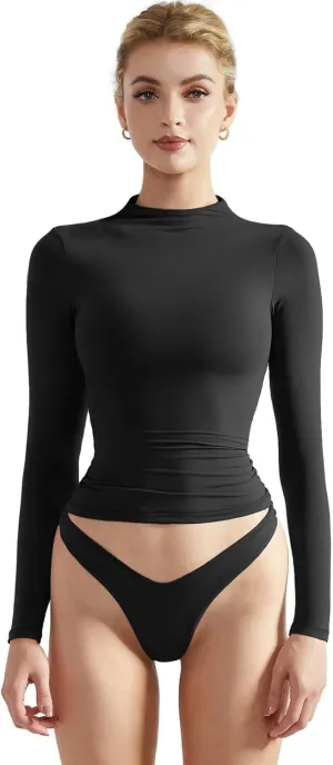 SUUKSESS Women Double Lined Mock Turtle Neck Long Sleeve T Shirt Fitted Y2k Crop Top