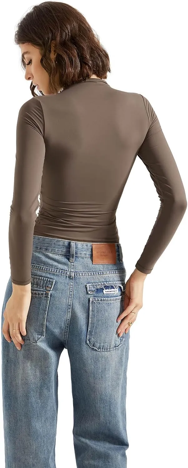 SUUKSESS Women Double Lined Mock Turtle Neck Long Sleeve T Shirt Fitted Y2k Crop Top