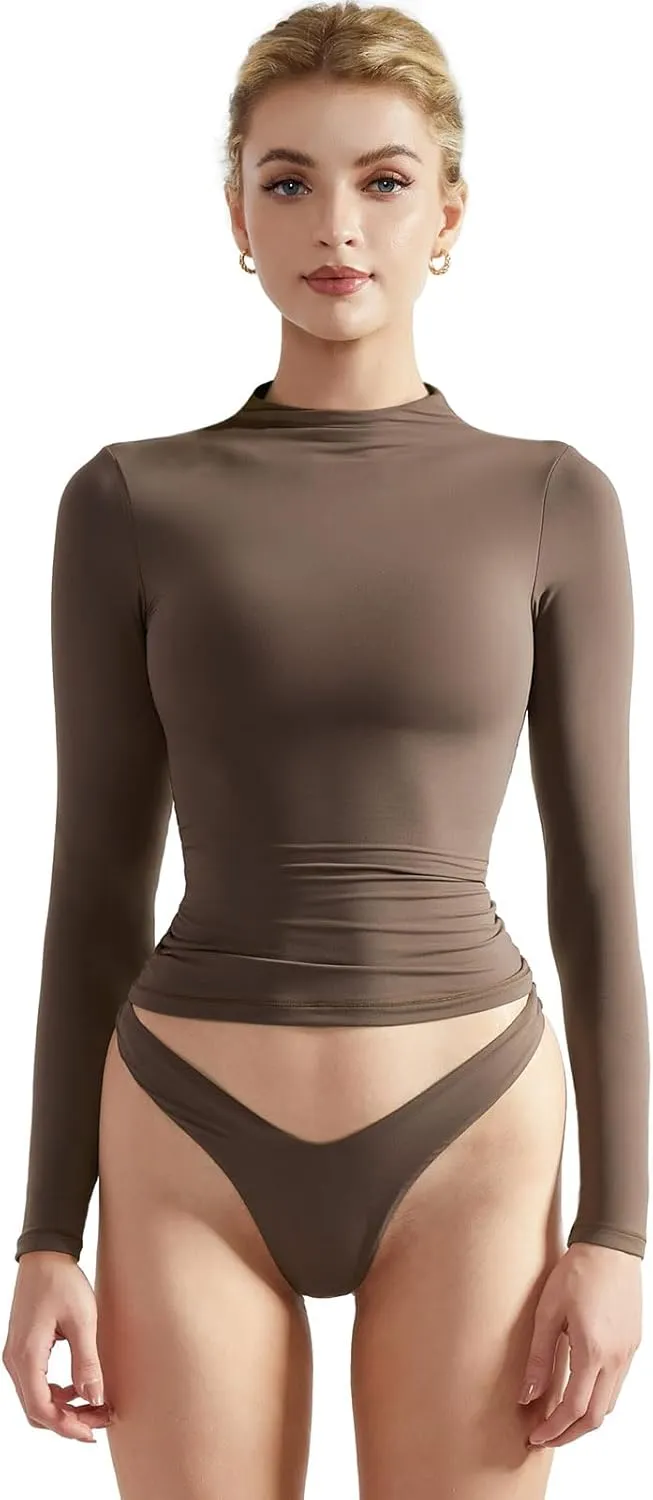 SUUKSESS Women Double Lined Mock Turtle Neck Long Sleeve T Shirt Fitted Y2k Crop Top