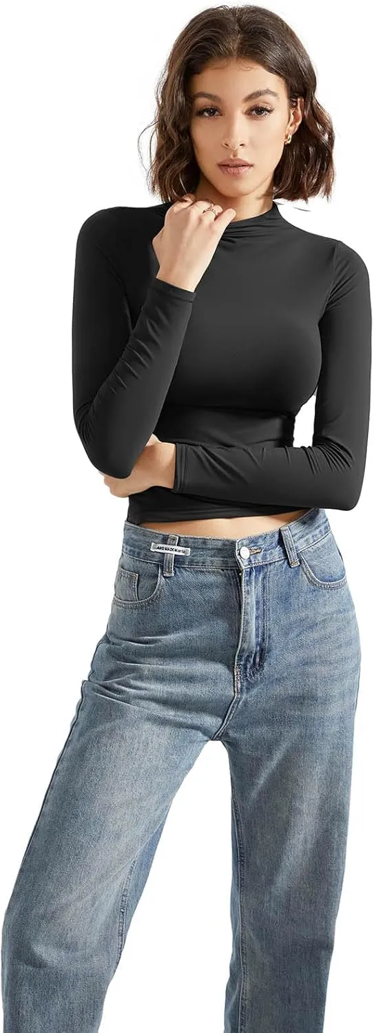 SUUKSESS Women Double Lined Mock Turtle Neck Long Sleeve T Shirt Fitted Y2k Crop Top