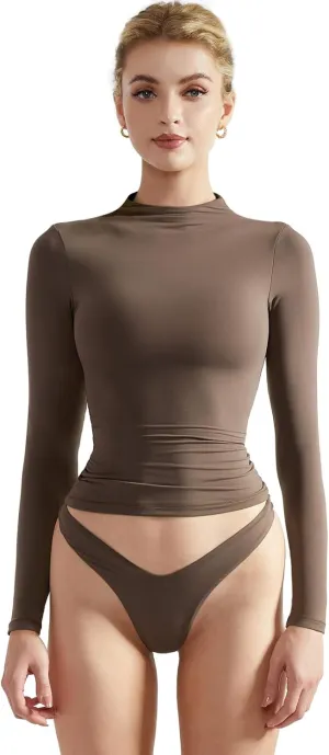 SUUKSESS Women Double Lined Mock Turtle Neck Long Sleeve T Shirt Fitted Y2k Crop Top