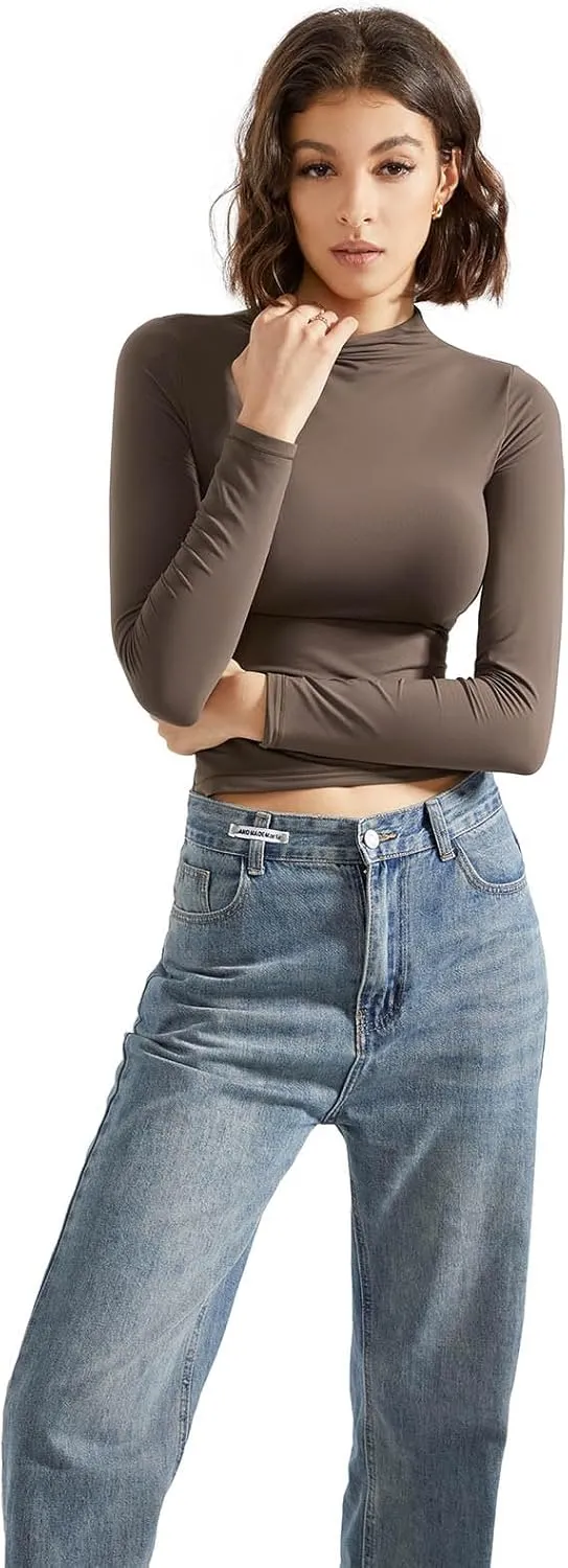 SUUKSESS Women Double Lined Mock Turtle Neck Long Sleeve T Shirt Fitted Y2k Crop Top