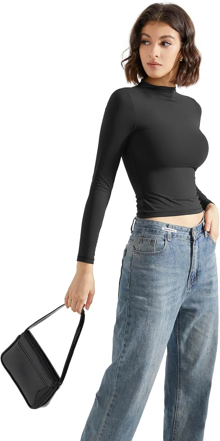SUUKSESS Women Double Lined Mock Turtle Neck Long Sleeve T Shirt Fitted Y2k Crop Top