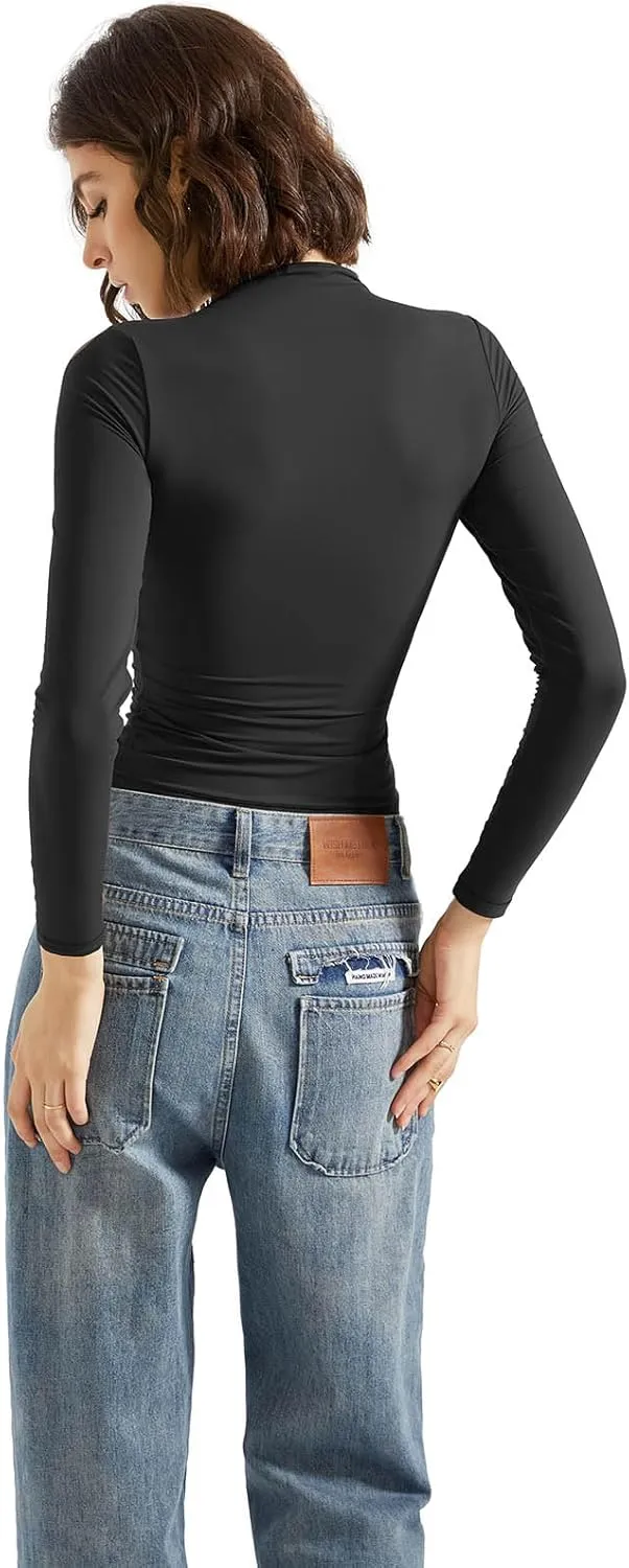 SUUKSESS Women Double Lined Mock Turtle Neck Long Sleeve T Shirt Fitted Y2k Crop Top