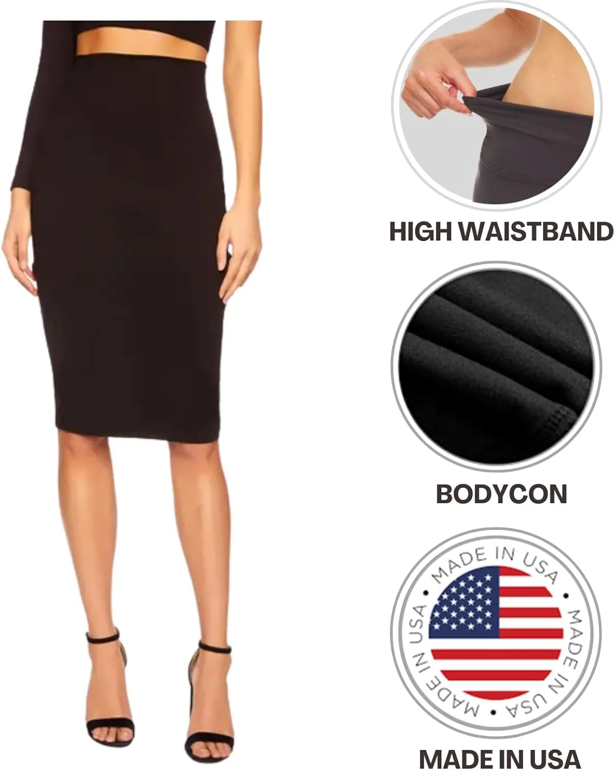 Sweet Hearts Pencil Skirt for Women - XS-XL - Below Knee Office Midi Bodycon Stretch Basic Skirt Made in USA