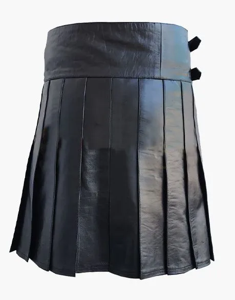 WITH A DETACHABLE FRONT POCKET, BLACK LEATHER KILT