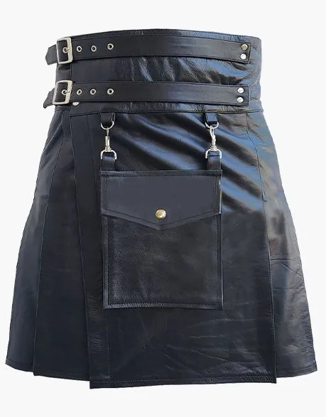 WITH A DETACHABLE FRONT POCKET, BLACK LEATHER KILT
