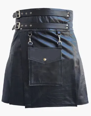 WITH A DETACHABLE FRONT POCKET, BLACK LEATHER KILT