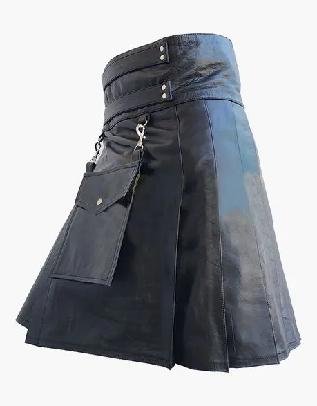 WITH A DETACHABLE FRONT POCKET, BLACK LEATHER KILT