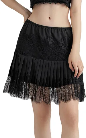 Women Lace Trim Slip Skirt Y2K Pleated Ruffle Mini Skirt Summer Floral Lace Tiered Short Skirts Underskirt