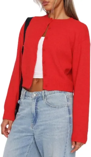 Women Y2k Crop Cardigan Sweater Crewneck Button Down Cardigans Cute Long Sleeve Sweaters Knit Lightweight Top