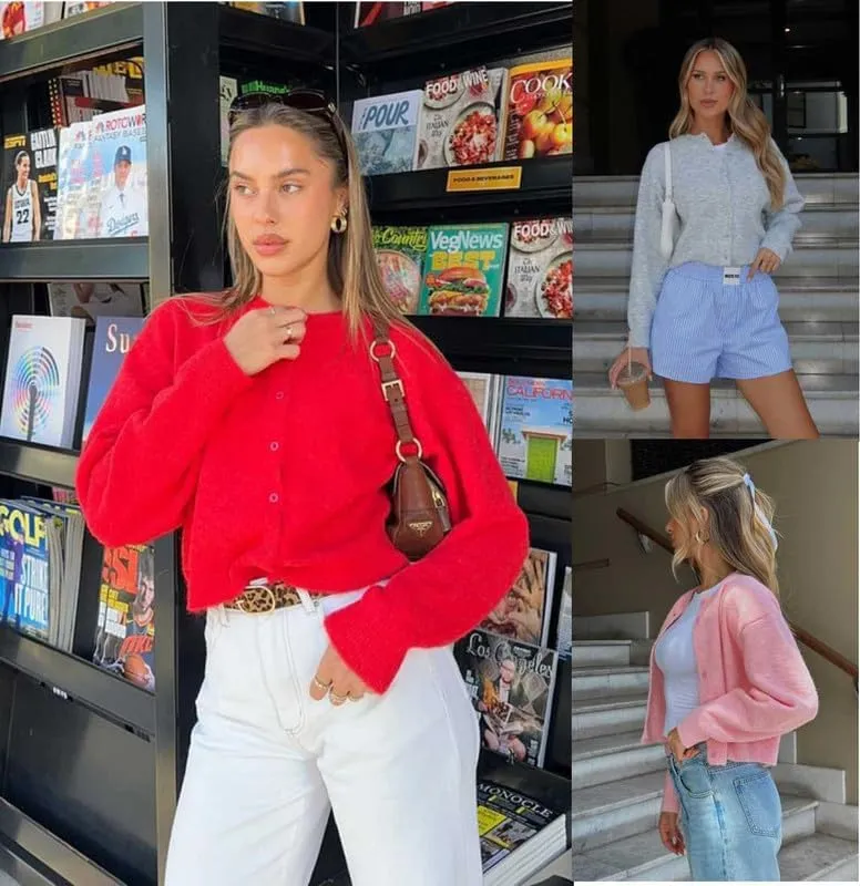 Women Y2k Crop Cardigan Sweater Crewneck Button Down Cardigans Cute Long Sleeve Sweaters Knit Lightweight Top