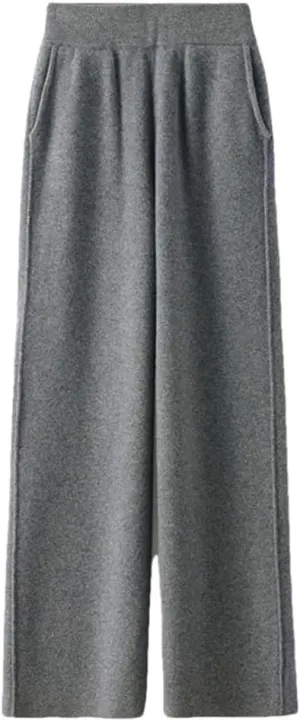 Women's 100% Wool Wide-Leg Pants Winter Mid-Waist Knit Straight-Leg Trousers Elastic Waist