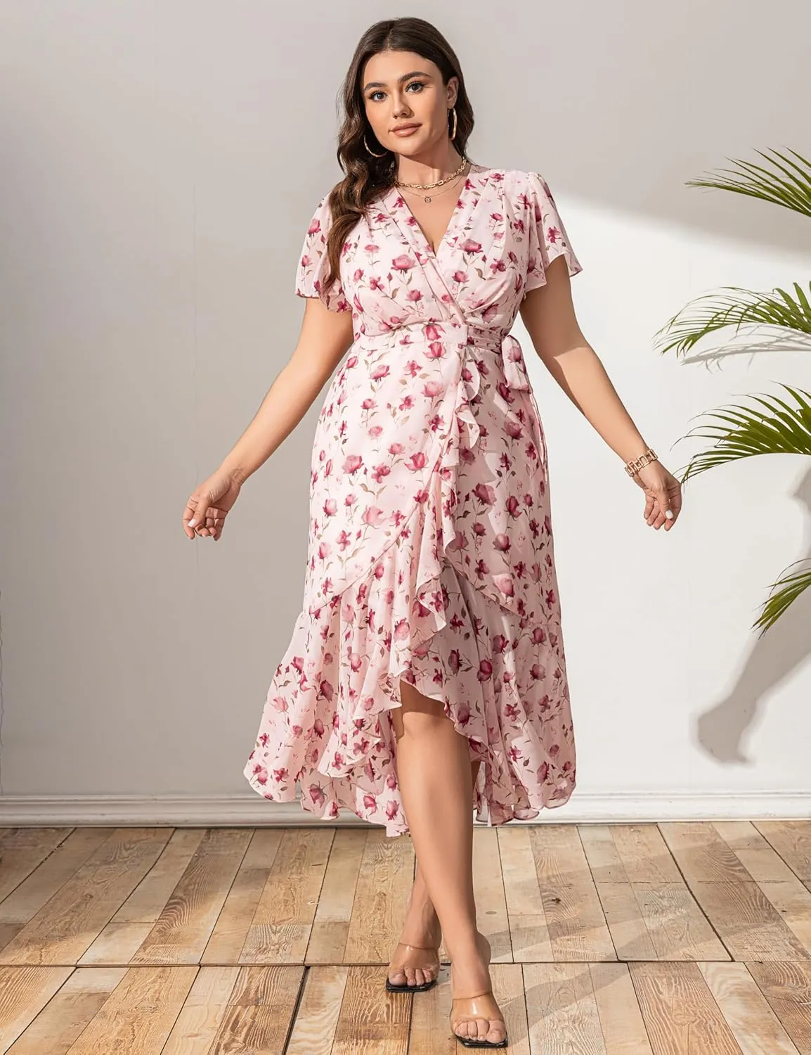 Women’s 2025 Floral Summer Dress Wrap V Neck Plus Size Boho Belted Ruffle Hem Flowy Maxi Dresses