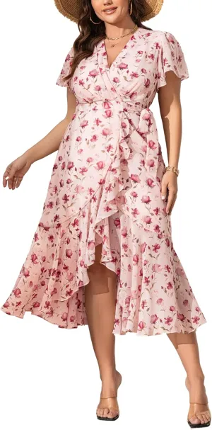 Women’s 2025 Floral Summer Dress Wrap V Neck Plus Size Boho Belted Ruffle Hem Flowy Maxi Dresses