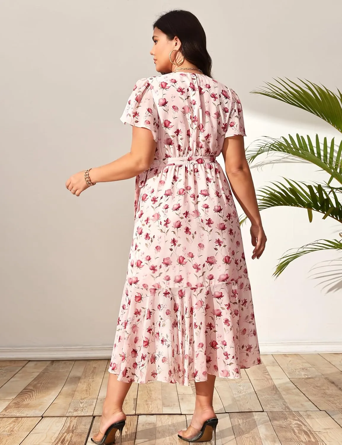 Women’s 2025 Floral Summer Dress Wrap V Neck Plus Size Boho Belted Ruffle Hem Flowy Maxi Dresses
