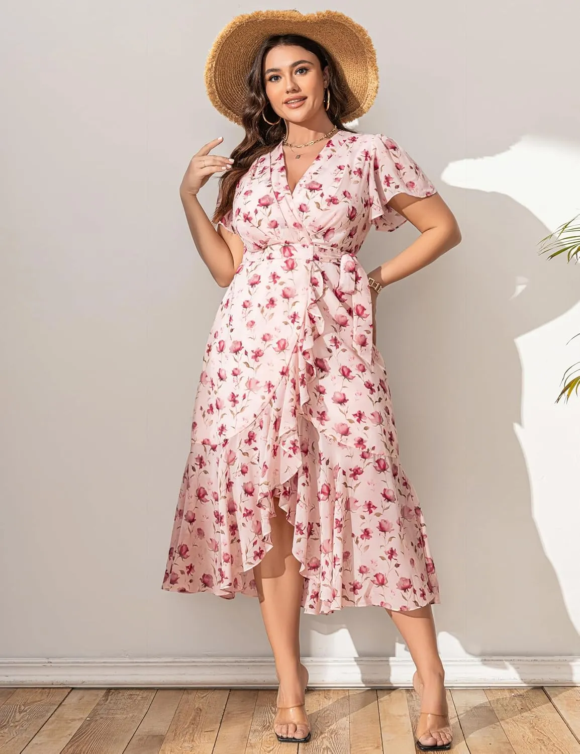 Women’s 2025 Floral Summer Dress Wrap V Neck Plus Size Boho Belted Ruffle Hem Flowy Maxi Dresses