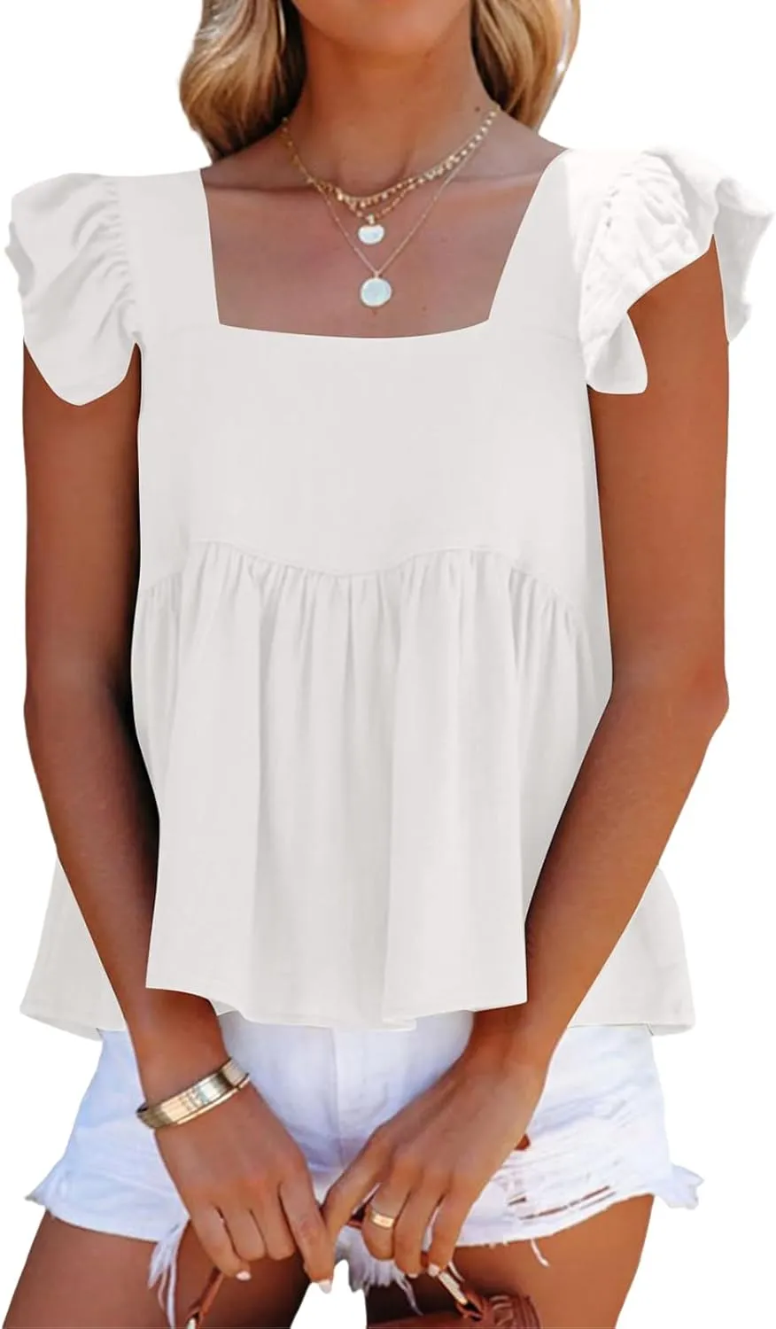 Women's Casual Summer Square Neck Tank Tops Ruffle Strap Sleeveless Peplum Blouse Chiffon Top Shirts