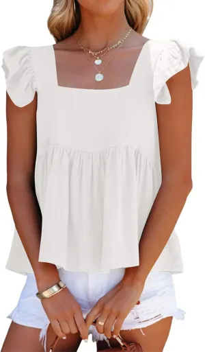 Women's Casual Summer Square Neck Tank Tops Ruffle Strap Sleeveless Peplum Blouse Chiffon Top Shirts