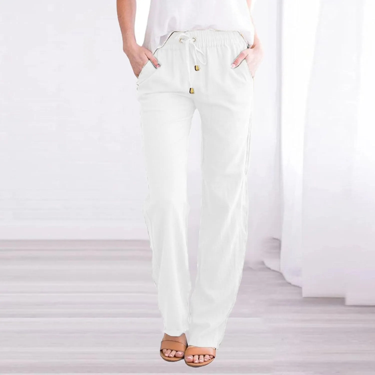 Women's Cotton Linen Pants 2025 Summer Casual Elastic Waist Trousers Relax Fit Comfy Yoga Beach Pant Sweatpants