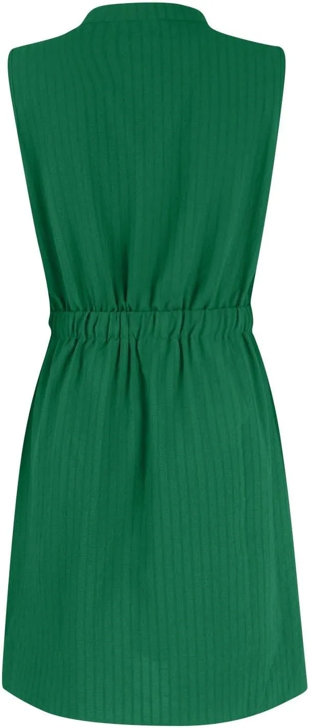 Womens Dresses Summer 2025 Trendy Sleeveless Dress Button V Neck Dress Drawstring Midi Dress Beach Sun Dresses