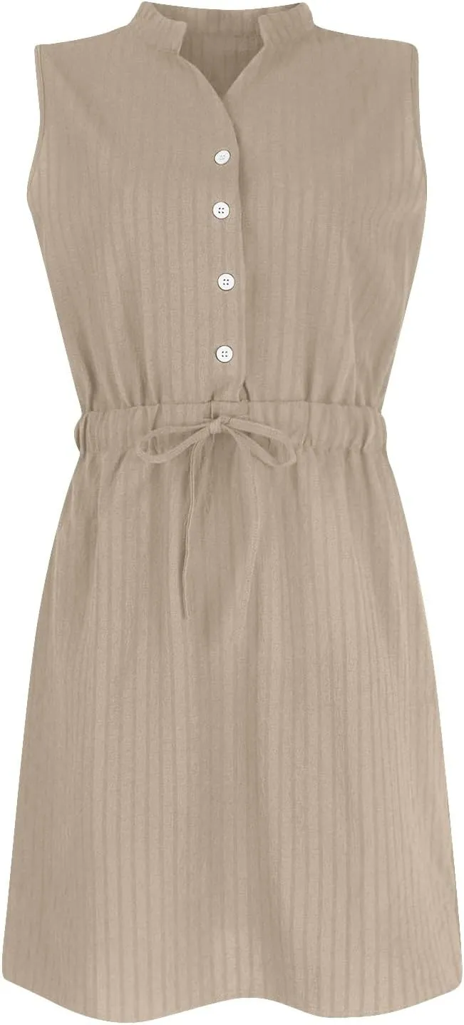 Womens Dresses Summer 2025 Trendy Sleeveless Dress Button V Neck Dress Drawstring Midi Dress Beach Sun Dresses