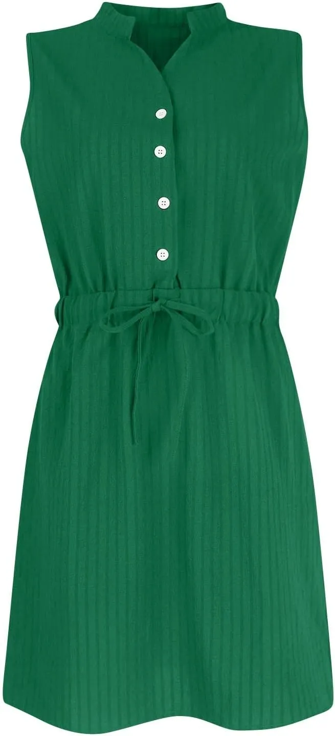 Womens Dresses Summer 2025 Trendy Sleeveless Dress Button V Neck Dress Drawstring Midi Dress Beach Sun Dresses