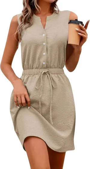 Womens Dresses Summer 2025 Trendy Sleeveless Dress Button V Neck Dress Drawstring Midi Dress Beach Sun Dresses