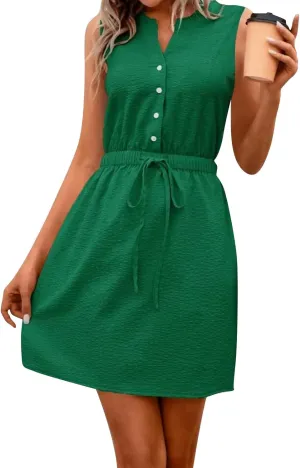 Womens Dresses Summer 2025 Trendy Sleeveless Dress Button V Neck Dress Drawstring Midi Dress Beach Sun Dresses