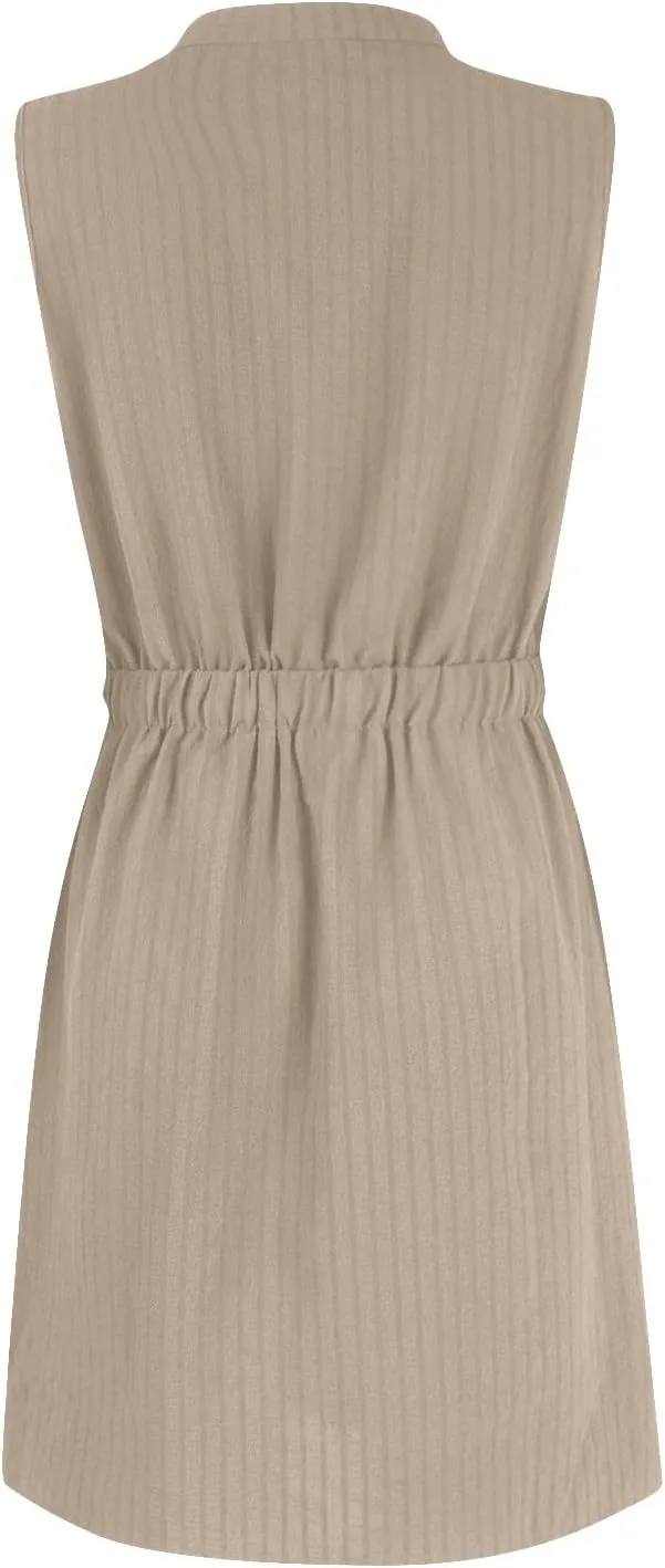 Womens Dresses Summer 2025 Trendy Sleeveless Dress Button V Neck Dress Drawstring Midi Dress Beach Sun Dresses