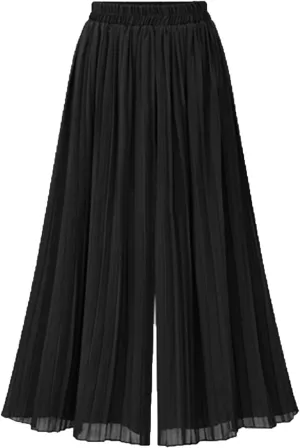 Womens Elegant Chiffon Long Pants Pleated Wide Leg Palazzo Maxi Pants Plus Size Loose Fit Beach Trousers