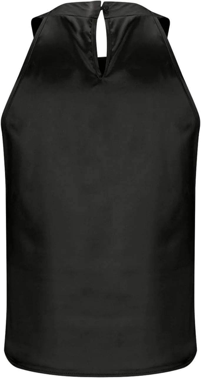 Womens Eleganty Satin Tank Tops Round Neck Sleeveless Pleated Solid Color Back Button Vests Casual Soft Comfy Vest