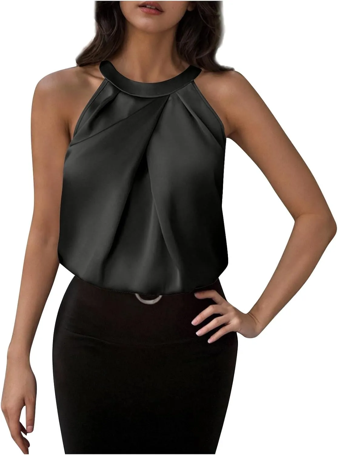 Womens Eleganty Satin Tank Tops Round Neck Sleeveless Pleated Solid Color Back Button Vests Casual Soft Comfy Vest