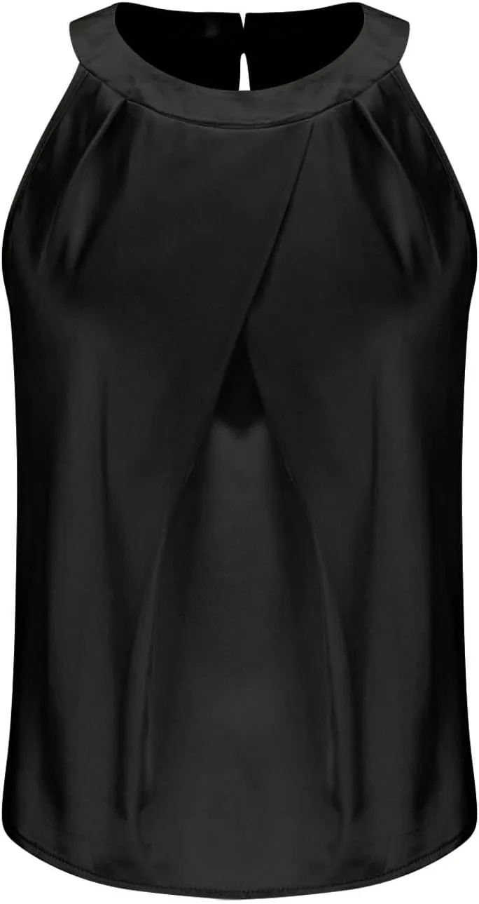 Womens Eleganty Satin Tank Tops Round Neck Sleeveless Pleated Solid Color Back Button Vests Casual Soft Comfy Vest
