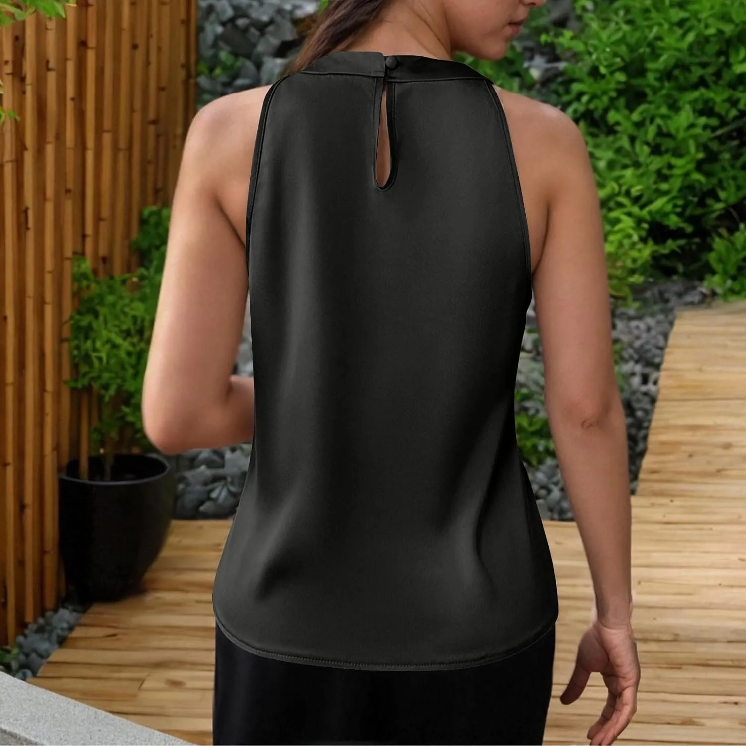 Womens Eleganty Satin Tank Tops Round Neck Sleeveless Pleated Solid Color Back Button Vests Casual Soft Comfy Vest