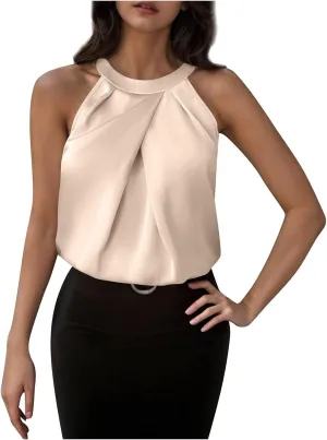Womens Eleganty Satin Tank Tops Round Neck Sleeveless Pleated Solid Color Back Button Vests Casual Soft Comfy Vest