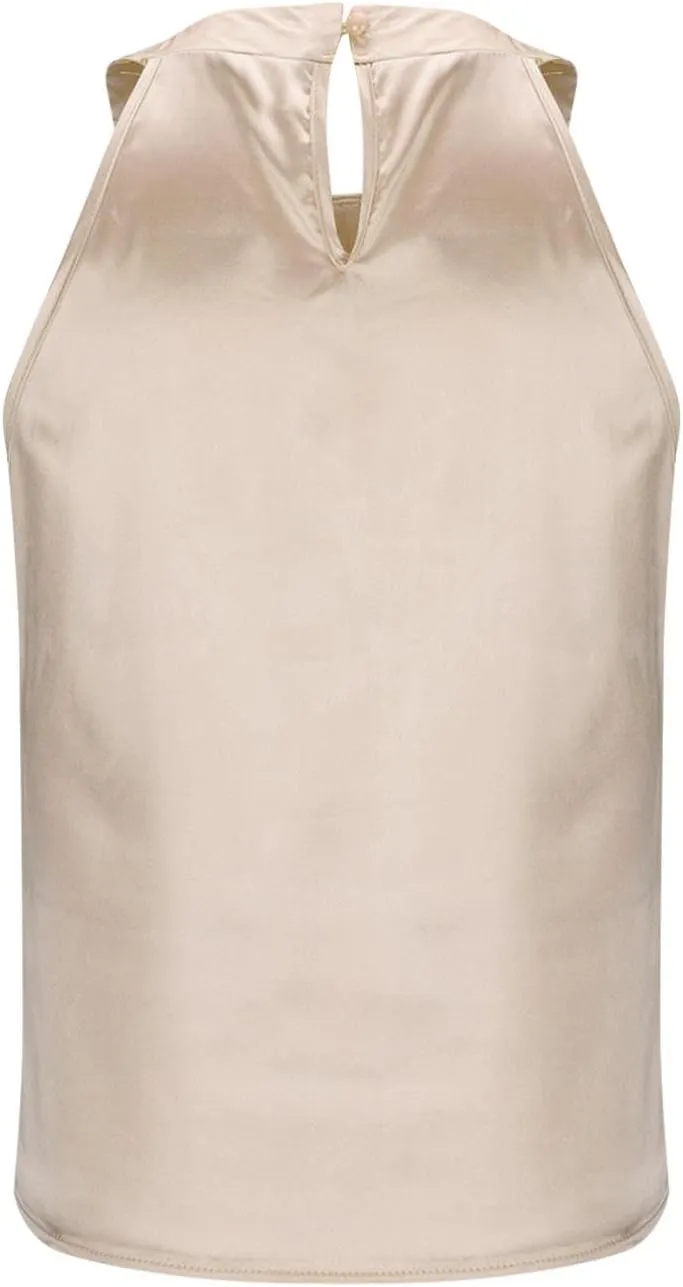 Womens Eleganty Satin Tank Tops Round Neck Sleeveless Pleated Solid Color Back Button Vests Casual Soft Comfy Vest