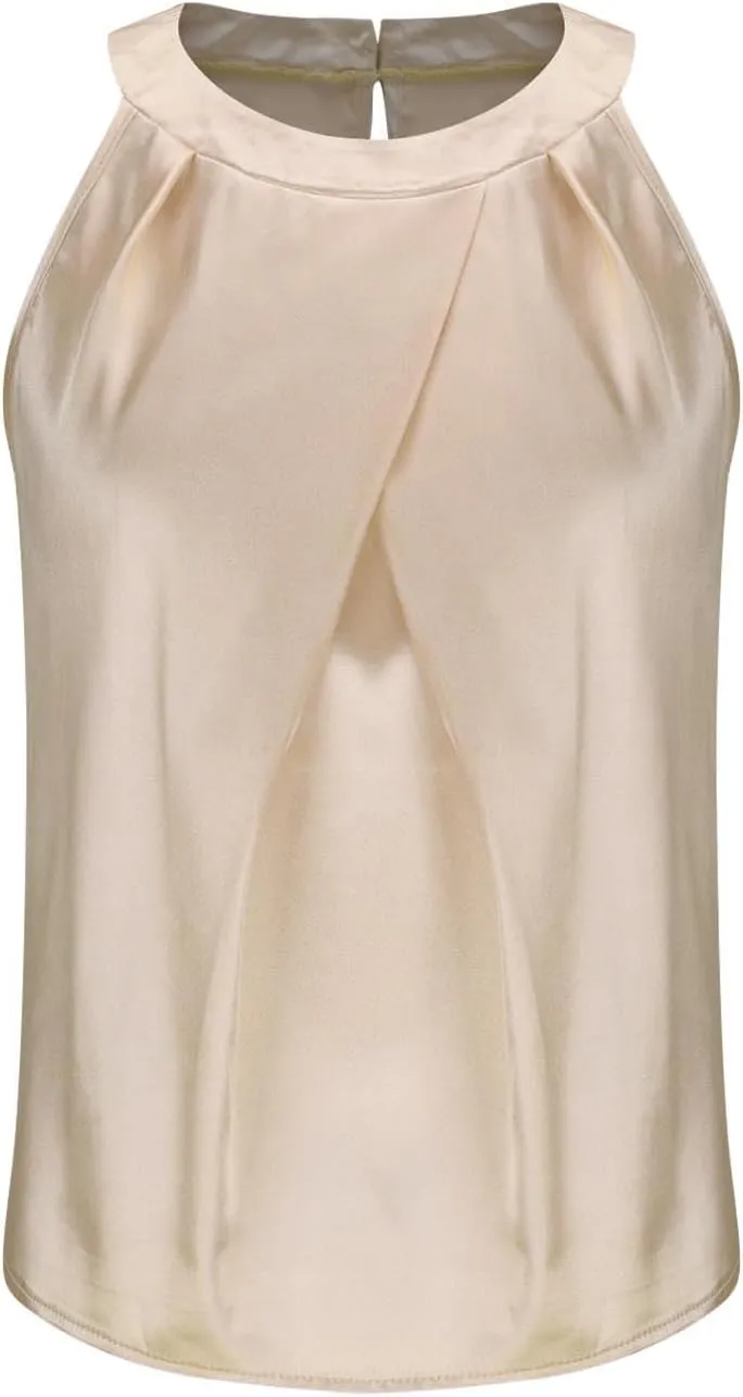 Womens Eleganty Satin Tank Tops Round Neck Sleeveless Pleated Solid Color Back Button Vests Casual Soft Comfy Vest
