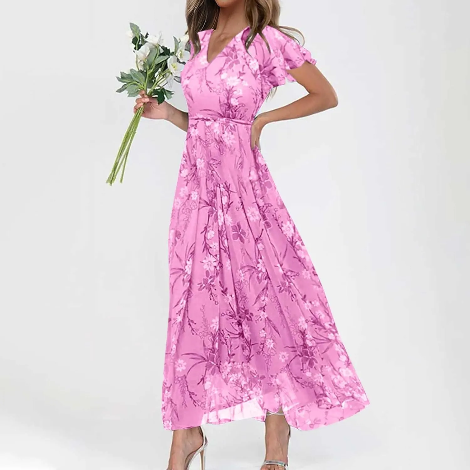 Womens Floral Maxi Dress Summer Short Sleeve Boho Wedding Guest Dress Empire Waist Chiffon Modest Midi Dresses