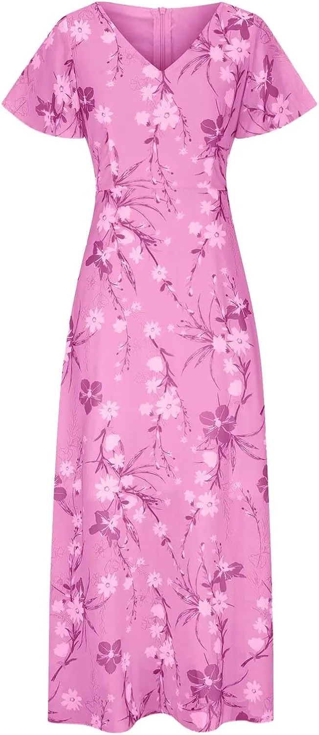 Womens Floral Maxi Dress Summer Short Sleeve Boho Wedding Guest Dress Empire Waist Chiffon Modest Midi Dresses