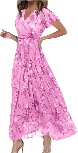 Womens Floral Maxi Dress Summer Short Sleeve Boho Wedding Guest Dress Empire Waist Chiffon Modest Midi Dresses
