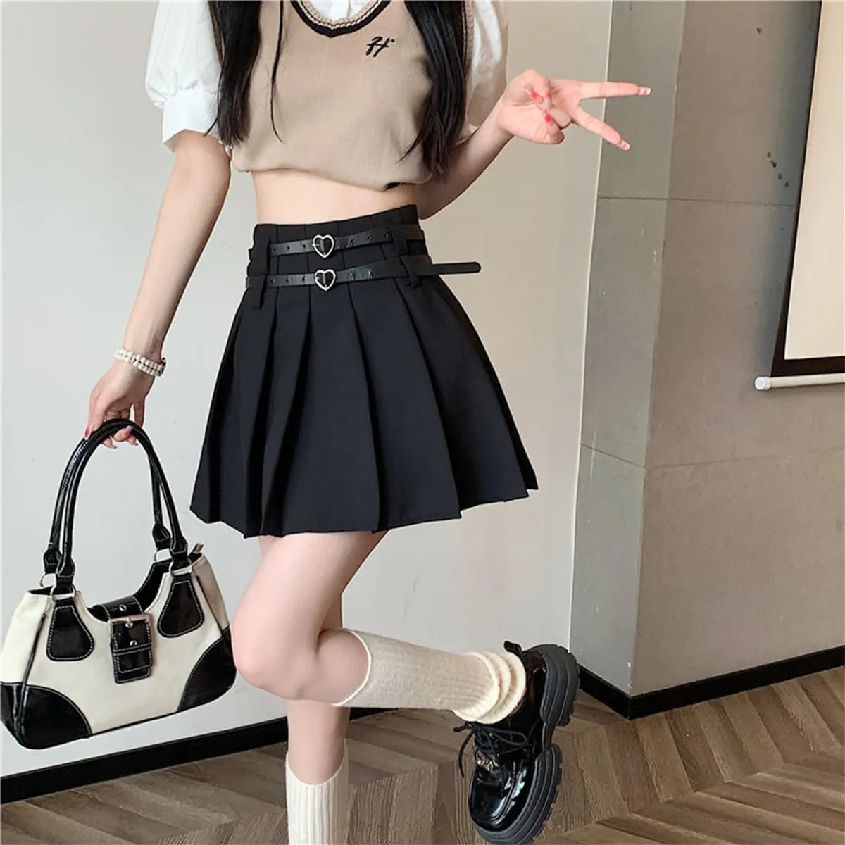 Women's Mini Skirts Casual A Line High Waist Pleated Skirts Cute Heart Double Belt Fashion Skirts for Women
